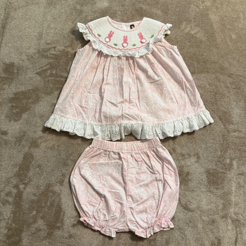 Banana Split Pink Smocked Bunny Easter Top and Bloomers Set 24M SM
